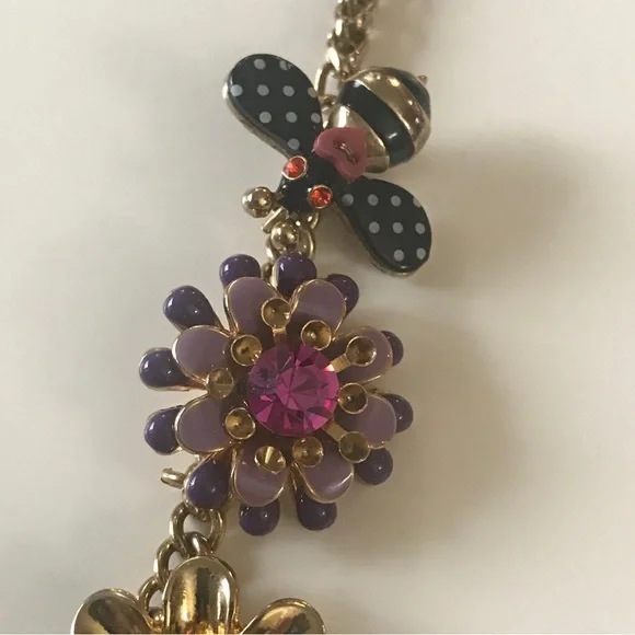 Betsey Johnson Secret Garden Party Flower Leaf Bugs Charm Necklace. - Picture 7 of 10